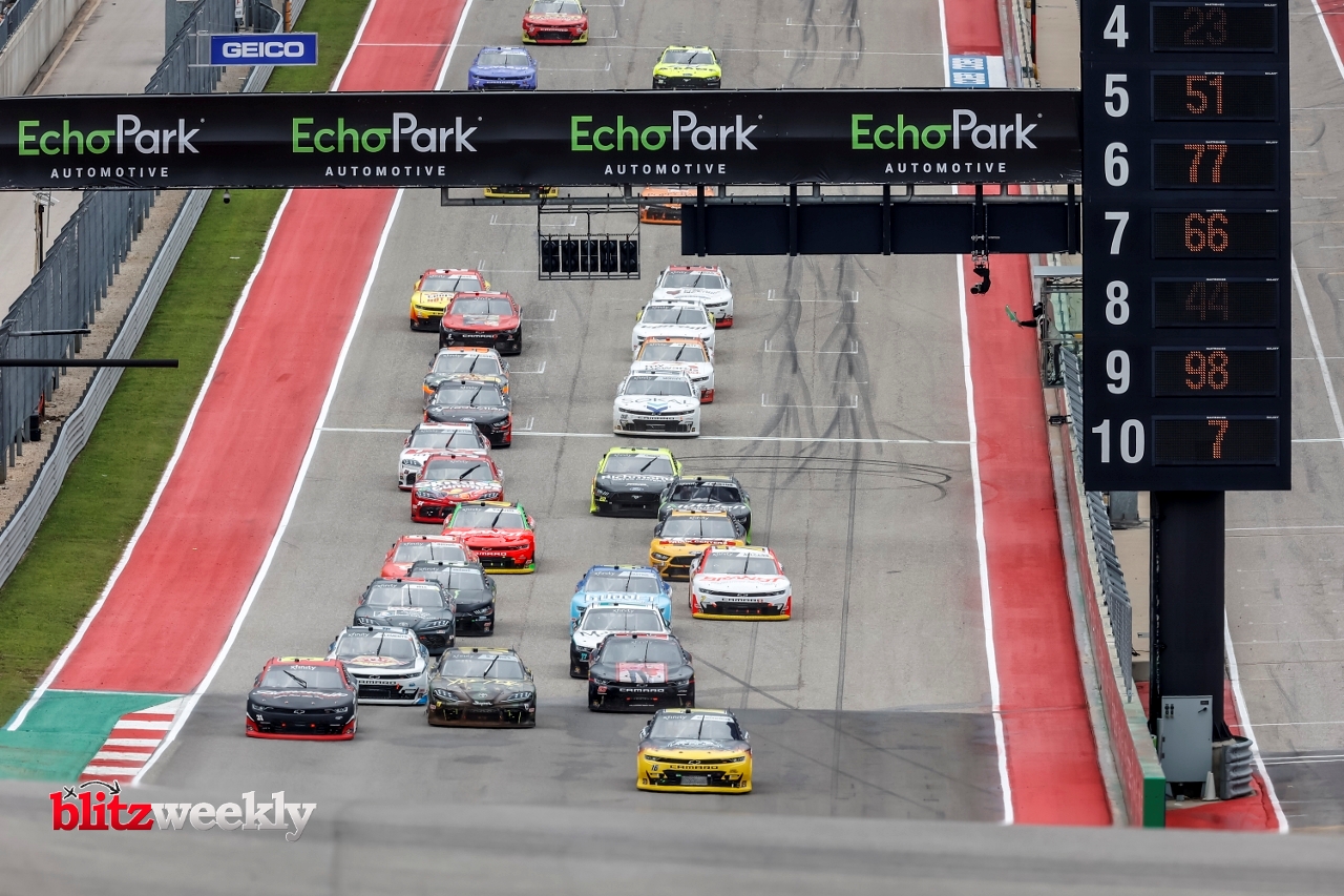 AUSTIN, TX - MAY 22: Drivers race down the front stretch during the Inaugural Pit Boss 250 NASCAR Xfinity Series on May 22, 2021 at Circuit of The Americas in Austin, Texas. (Photo by Matthew Pearce/Icon Sportswire)