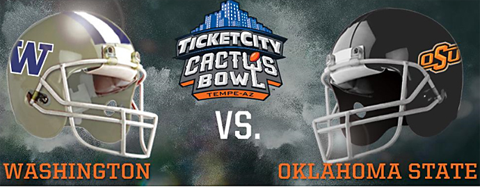 Will a depleted Oklahoma State Cowboys team upset the Huskies? Photo Courtesy: TicketCity Cactus Bowl Twitter page