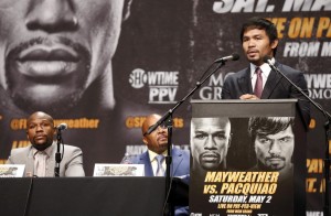 Manny Pacquiao speaks at a news conference for his upcoming bout against Floyd Mayweather in Los Angeles